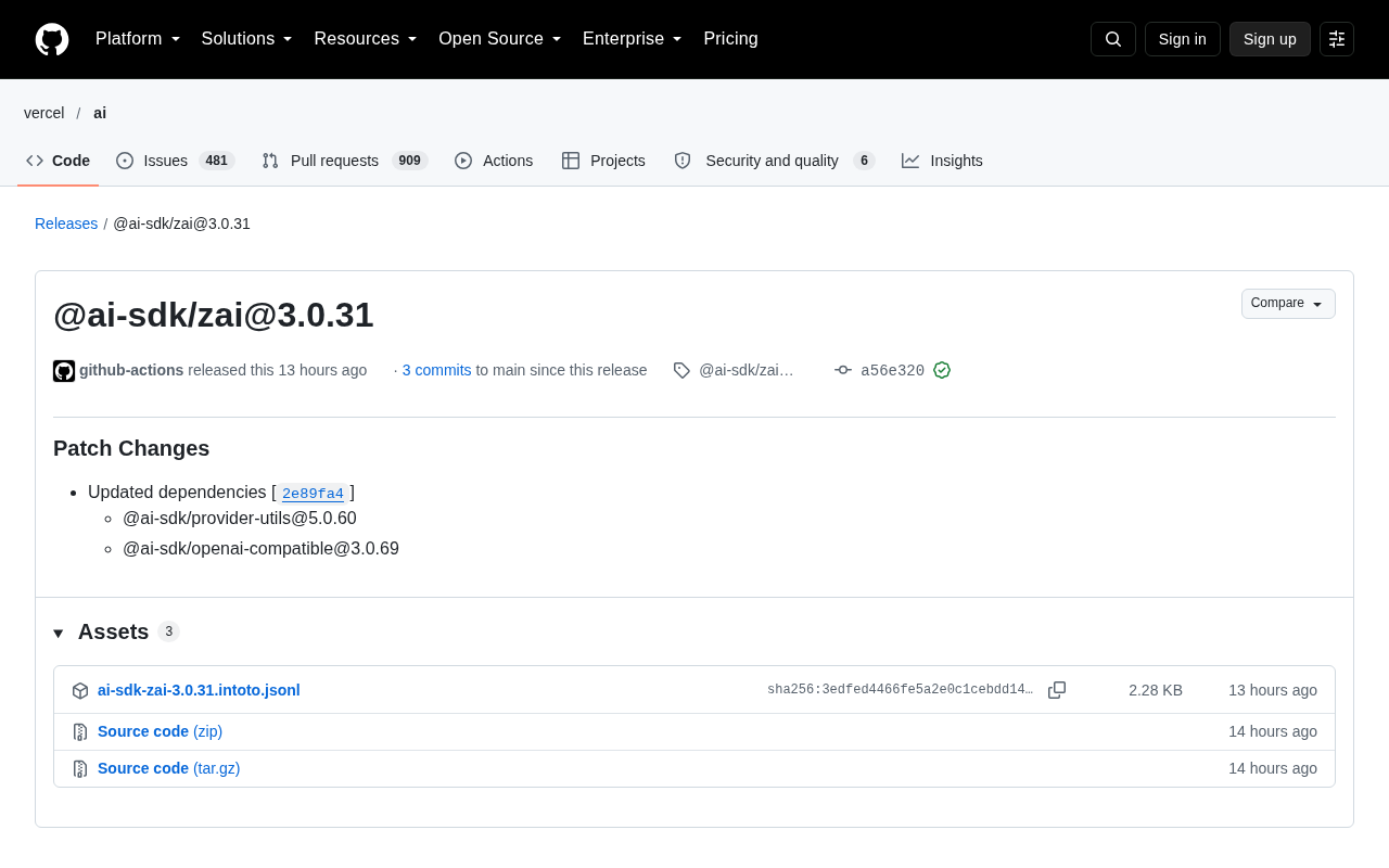 @ai-sdk/zai 3.0.31 Patch Release: Dependency Chain Updates