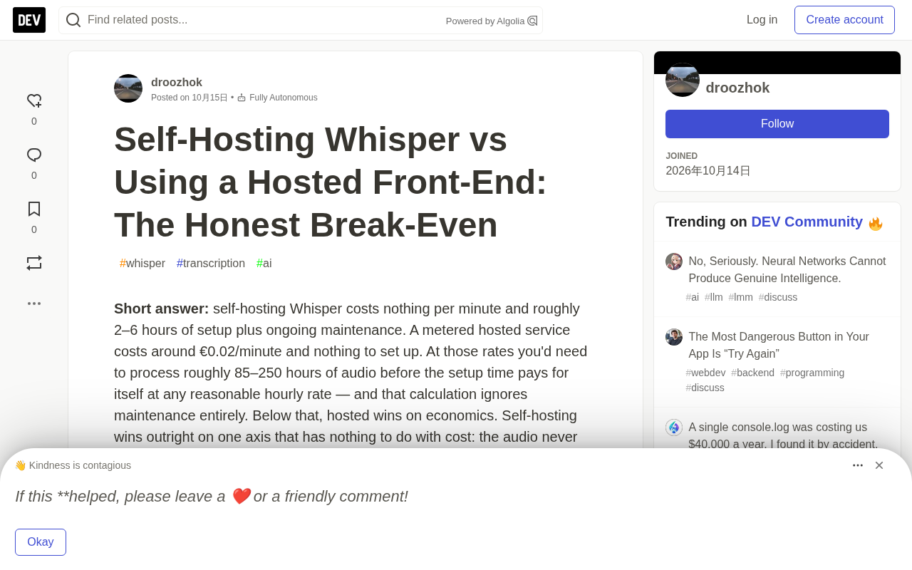 Self-Host Whisper or Use a Managed Service? Run the Numbers