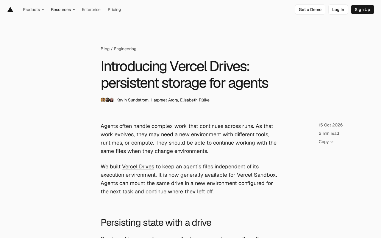 Vercel Drives 发布:为 AI Agent 提供持久化存储