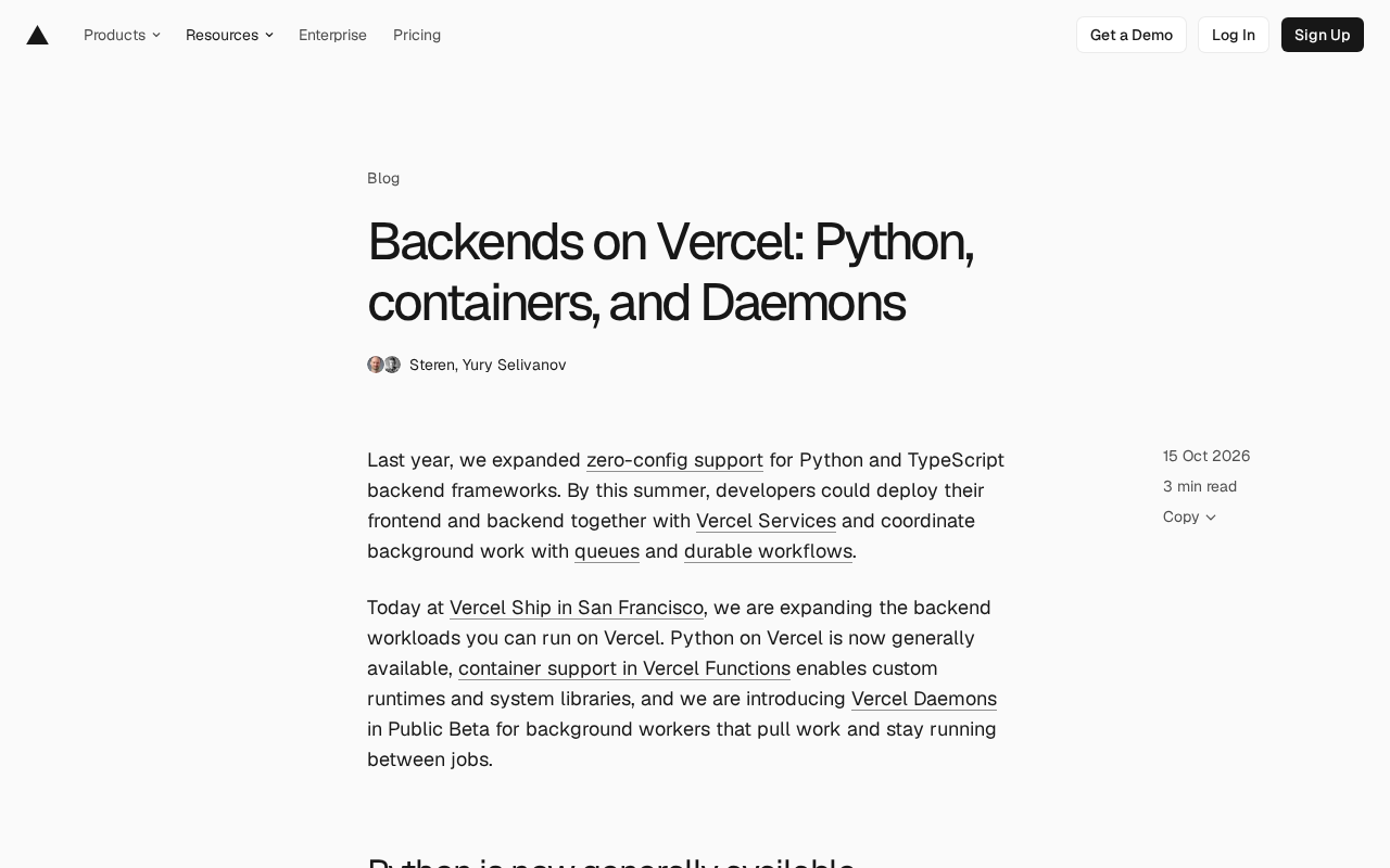 Vercel后端新布局:Python正式版、容器与Daemons