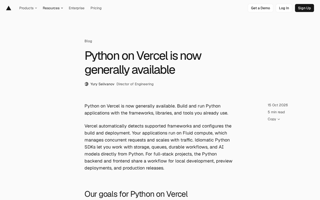 Vercel Python 正式 GA:CPython 原生支持与开发全流程解析