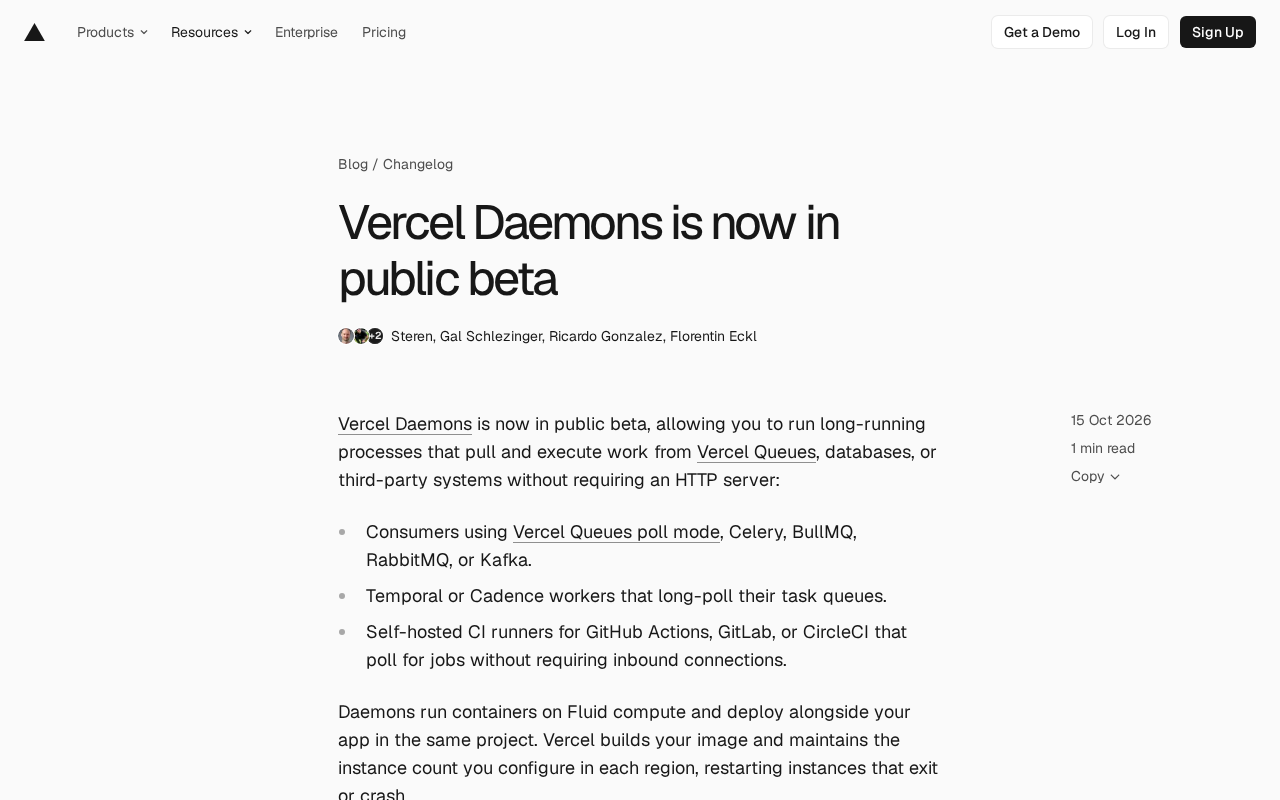 Vercel Daemons 公测:无需 HTTP 服务器即可运行后台进程