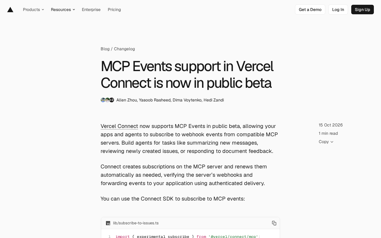 Vercel Connect Opens MCP Events Beta: Let Agents Subscribe to Webhook Events