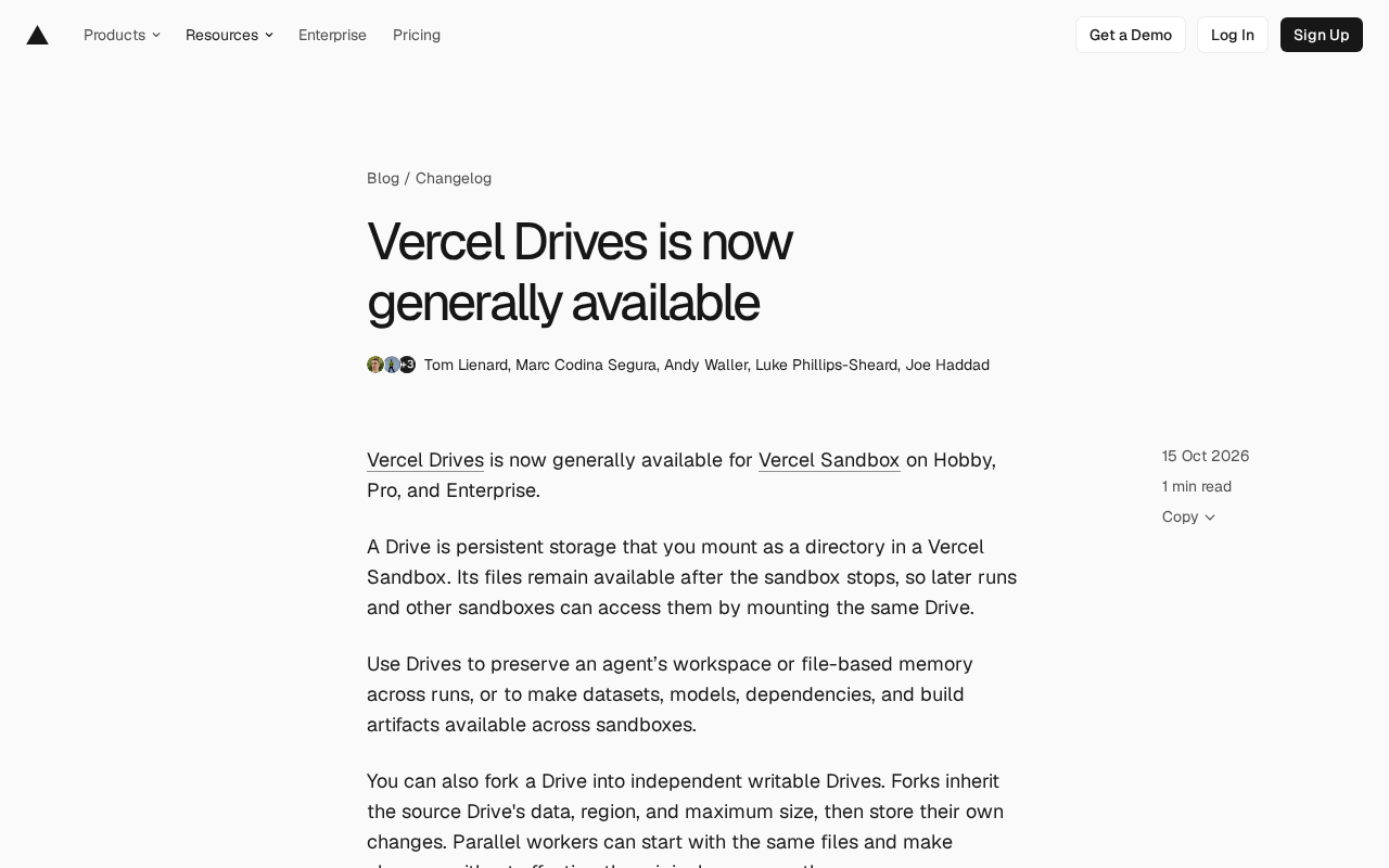 Vercel Drives Hits GA: Persistent Storage for Sandbox