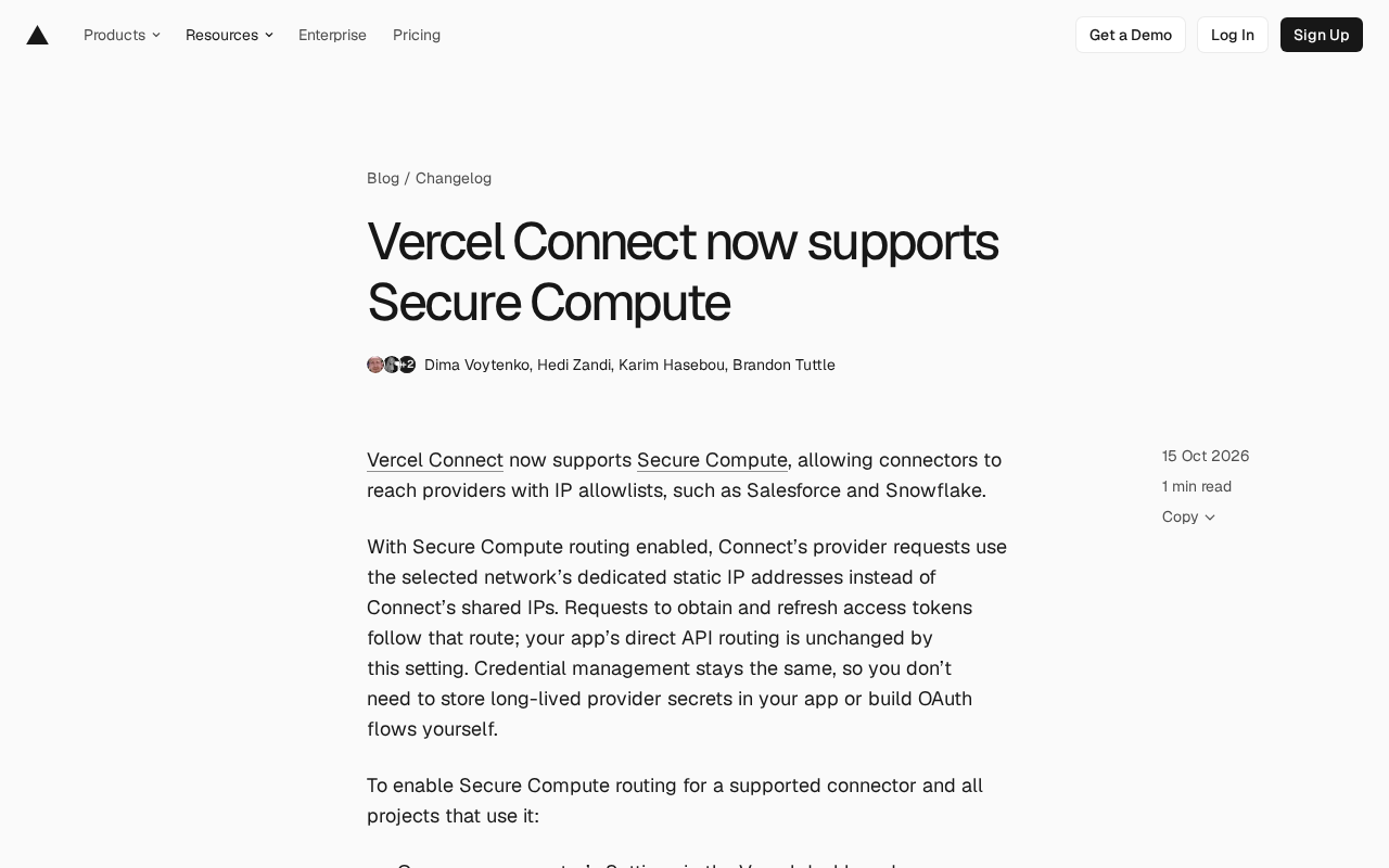 Vercel Connect Supports Secure Compute: Direct Static IP Access to Salesforce and Snowflake