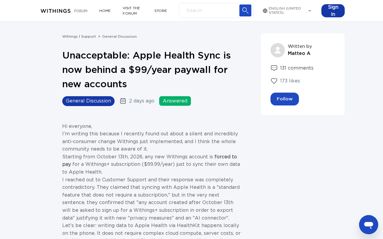 Withings新用户同步Apple Health需付99美元/年