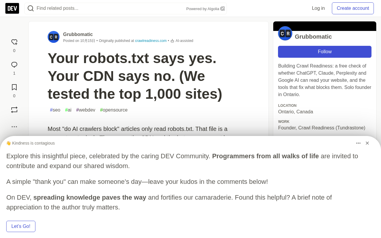 robots.txt Allows but CDN Denies: Real-World Test of AI Crawler Access Across a Thousand Sites