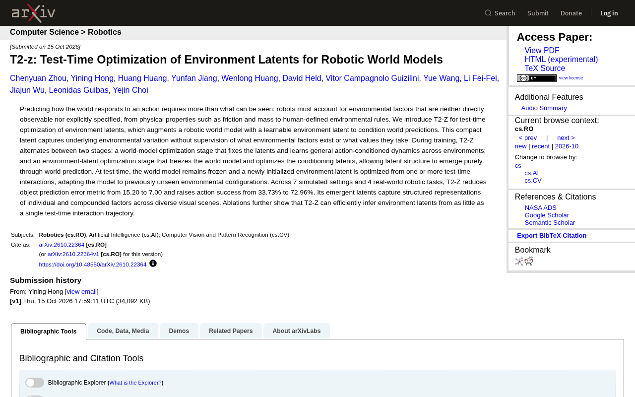 T2-Z: Test-Time Optimization of Environment Latents for Robotic World Models