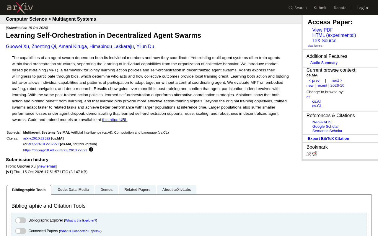 A New Framework for Self-Orchestration Learning in Decentralized Agent Swarms