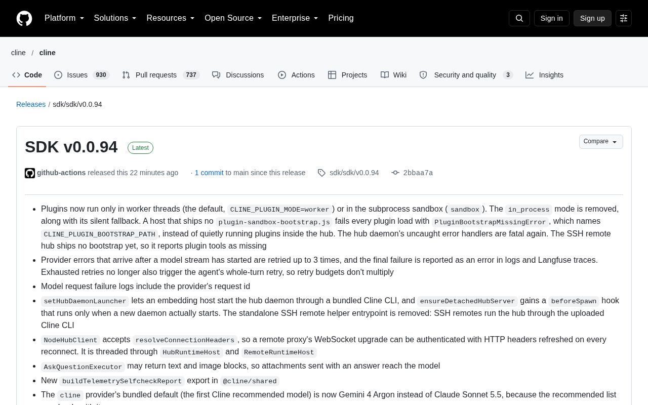 Cline SDK v0.0.94 发布:插件隔离与重试机制升级