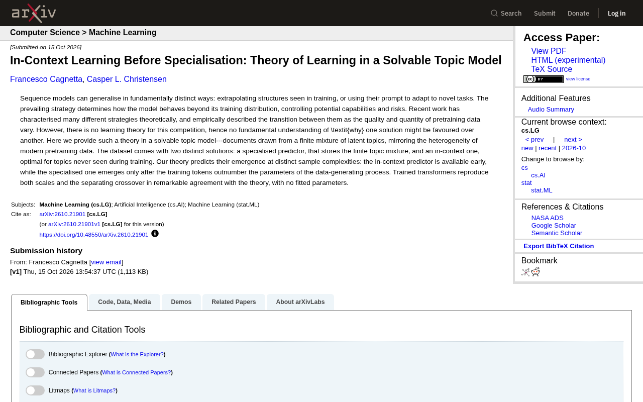 Solvable Topic Model Reveals Why In-Context Learning Emerges Before Specialisation