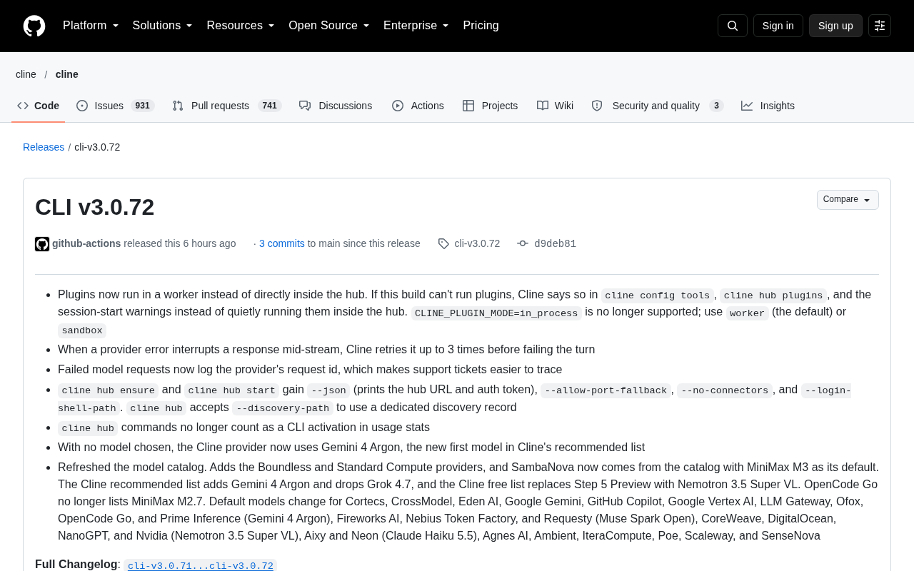 Cline CLI v3.0.72 发布:插件沙箱化与模型目录大更新