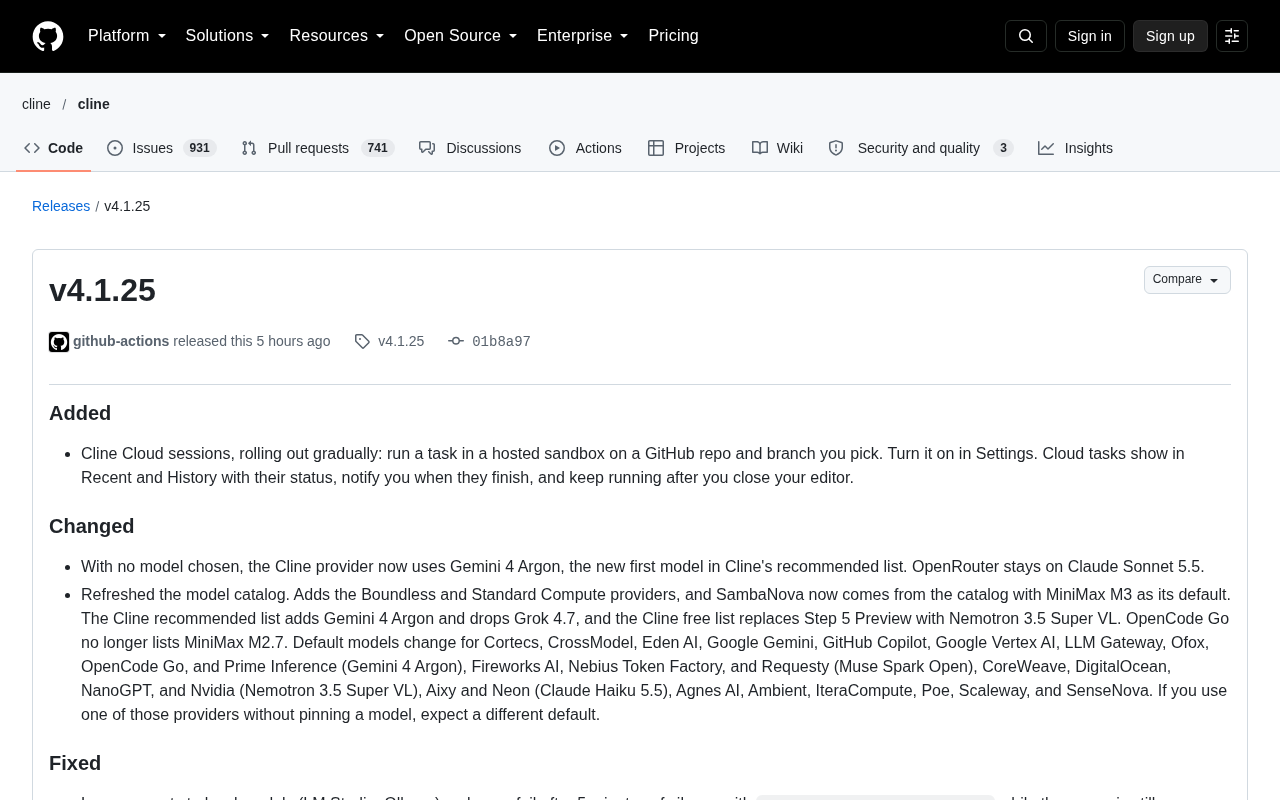 Cline v4.1.25 Released: Major Updates to Cloud Sandbox Tasks and Model Catalog