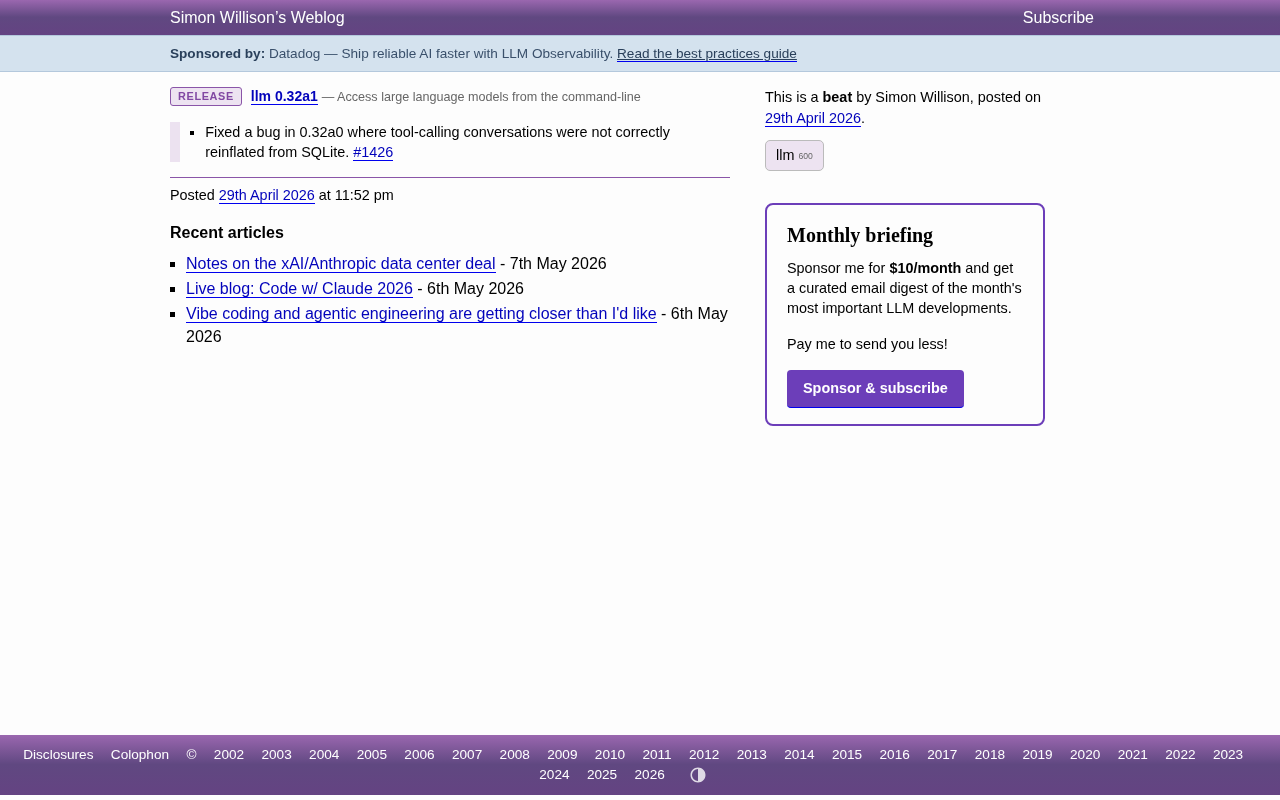 LLM 0.32a1 Released: Fixes Tool-Calling Conversation Storage Bug