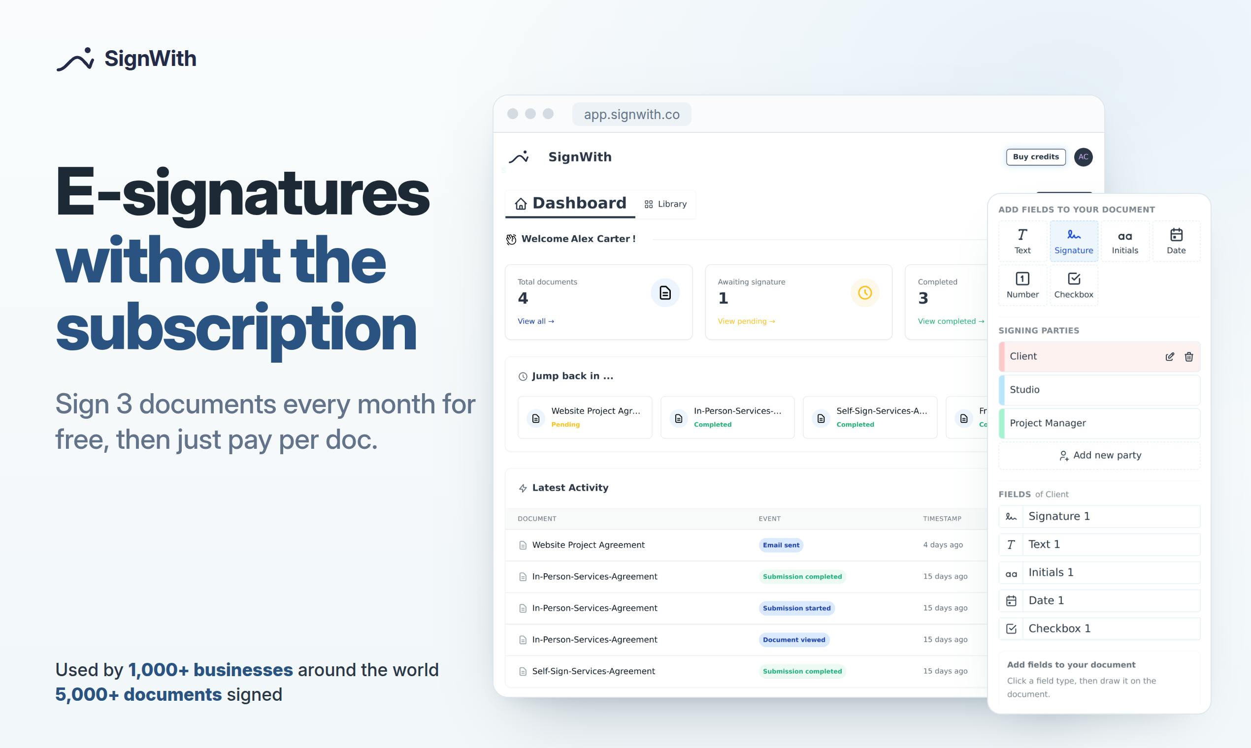 SignWith: Pay-Per-Document E-Signatures, Say Goodbye to Subscriptions