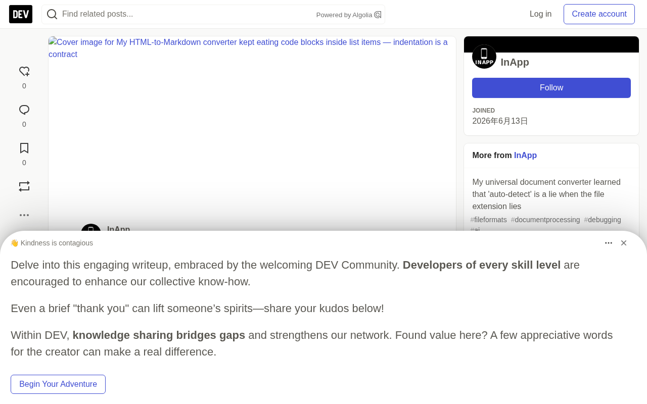 The HTML-to-Markdown Indentation Trap: Why Code Blocks Inside Lists Disappear