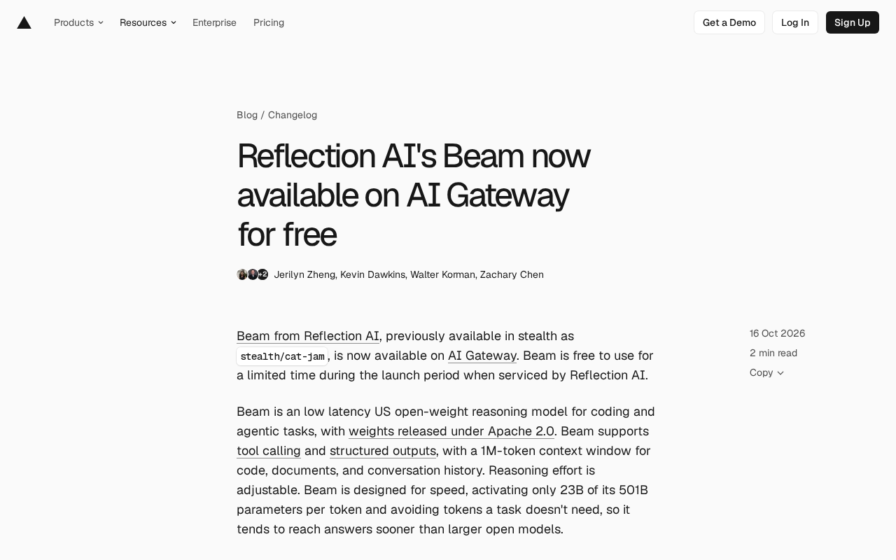 Reflection AI 的 Beam 推理模型上线 AI Gateway 免费开放