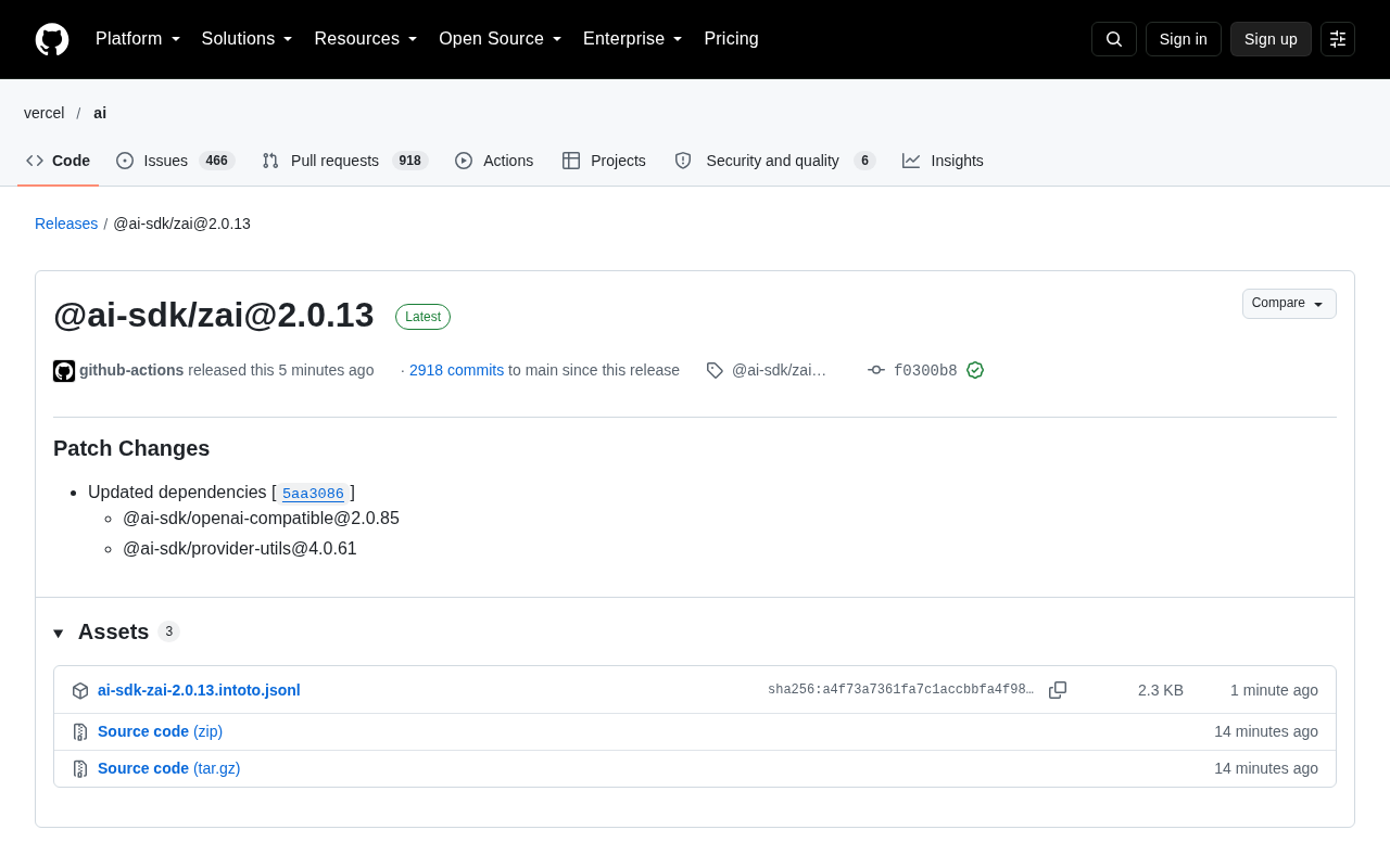 AI SDK 迎来 Z.ai 适配更新:@ai-sdk/zai 2.0.13 发布