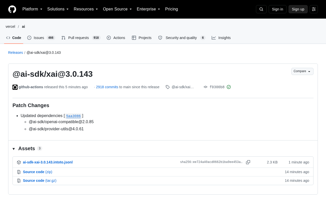 AI SDK 的 xAI 适配包发布 3.0.143 小版本更新