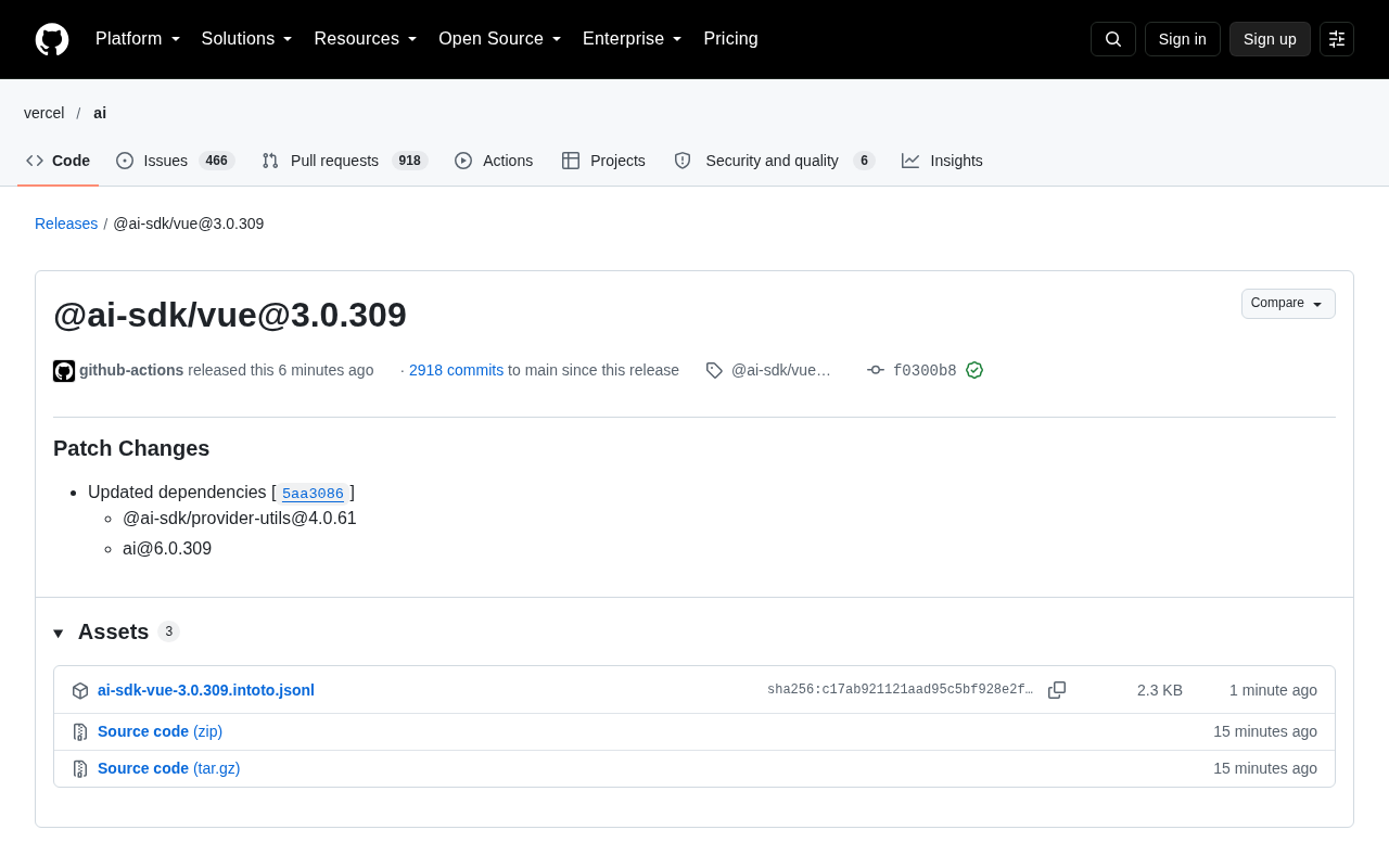 AI SDK Vue 3.0.309 版本更新:依赖补丁与生态演进