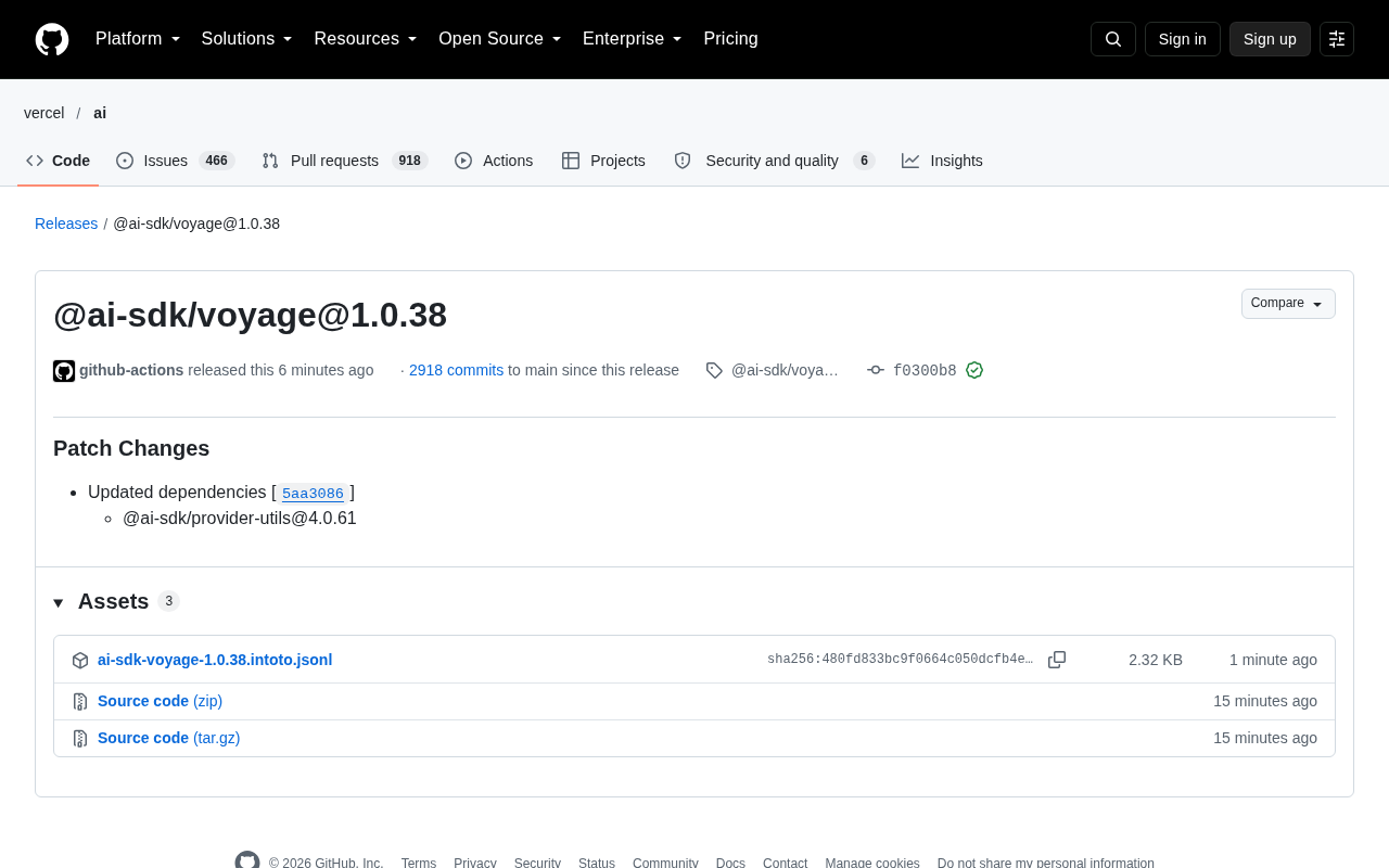 AI SDK 发布 Voyage 1.0.38 补丁:依赖项 provider-utils 更新解析