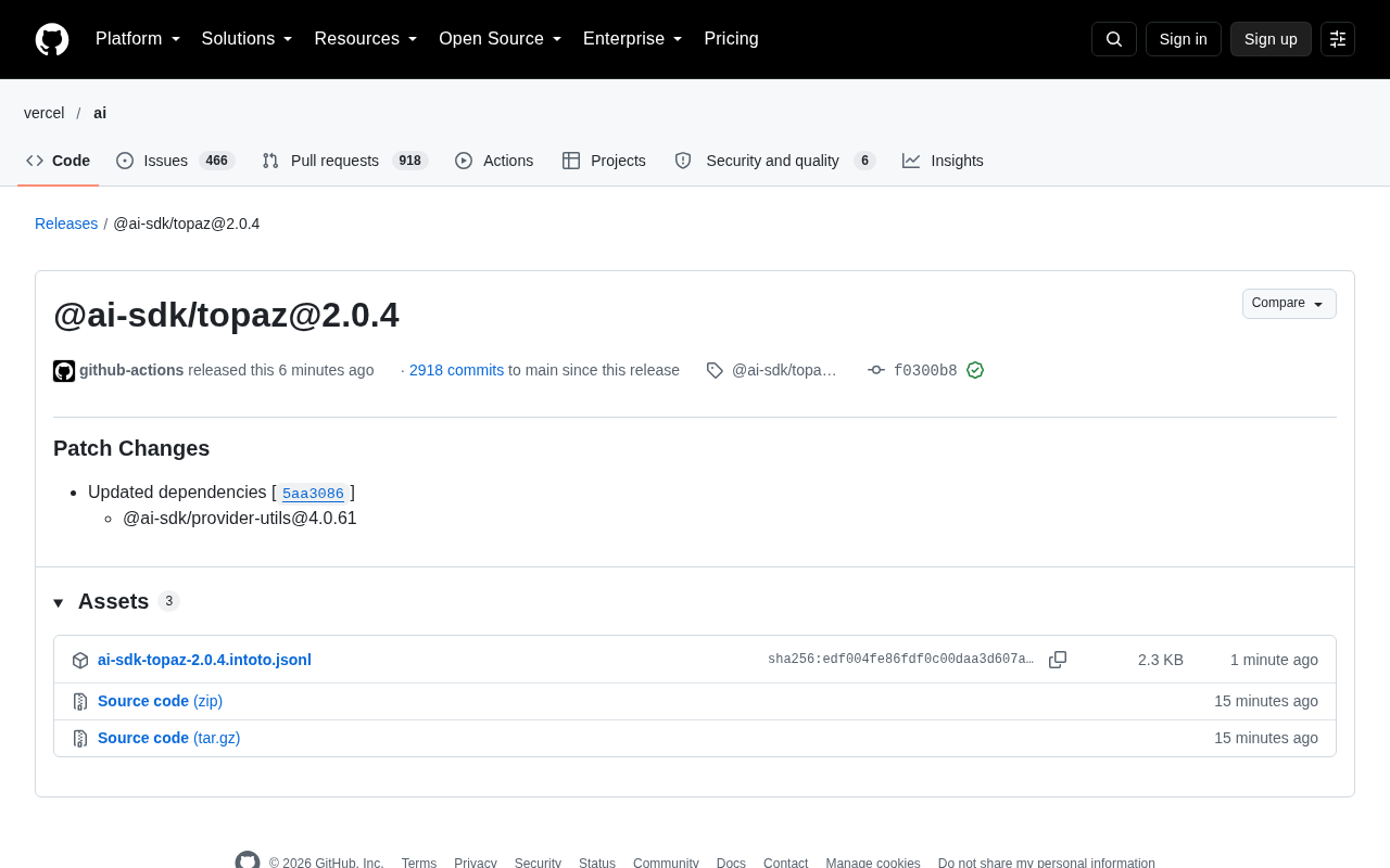 AI SDK Releases @ai-sdk/topaz@2.0.4 Patch Update
