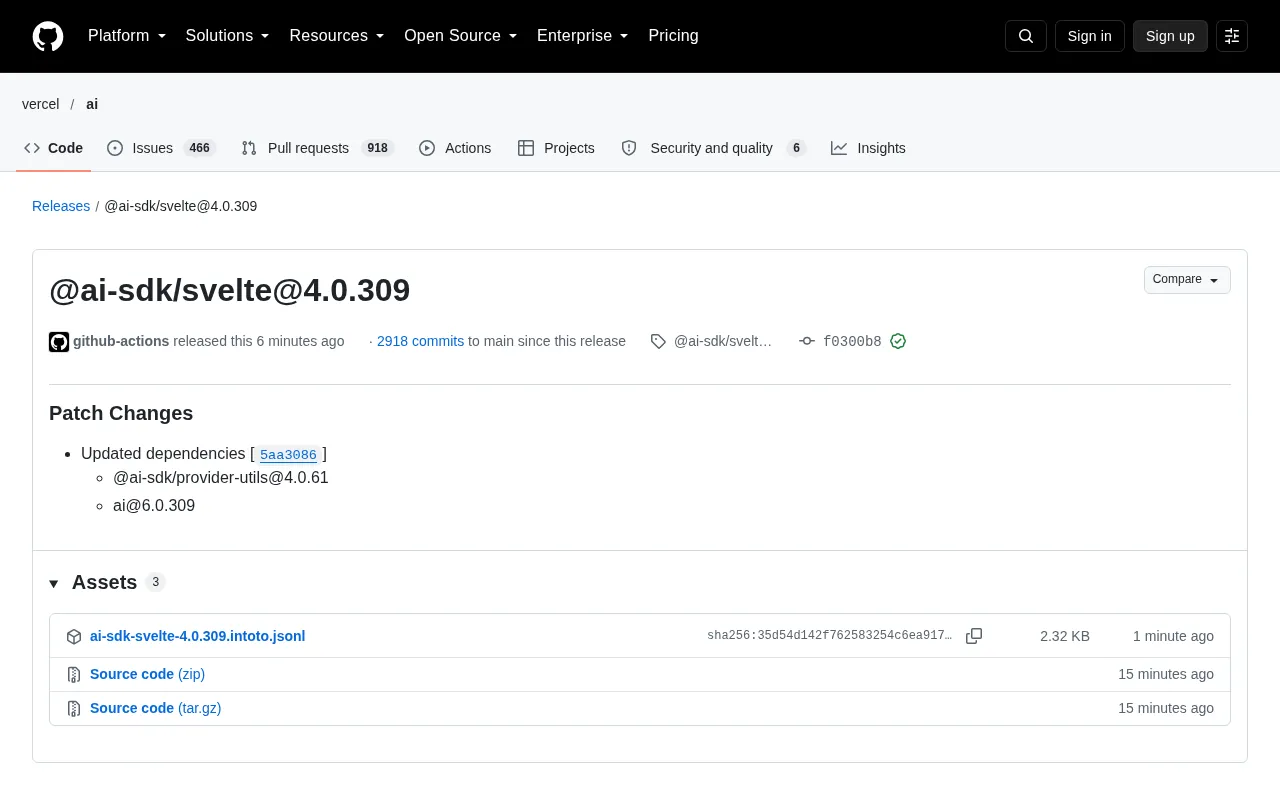 AI SDK Svelte 发布 4.0.309 补丁更新