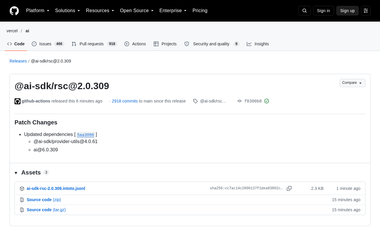 @ai-sdk/rsc 2.0.309 发布:依赖更新背后的技术信号