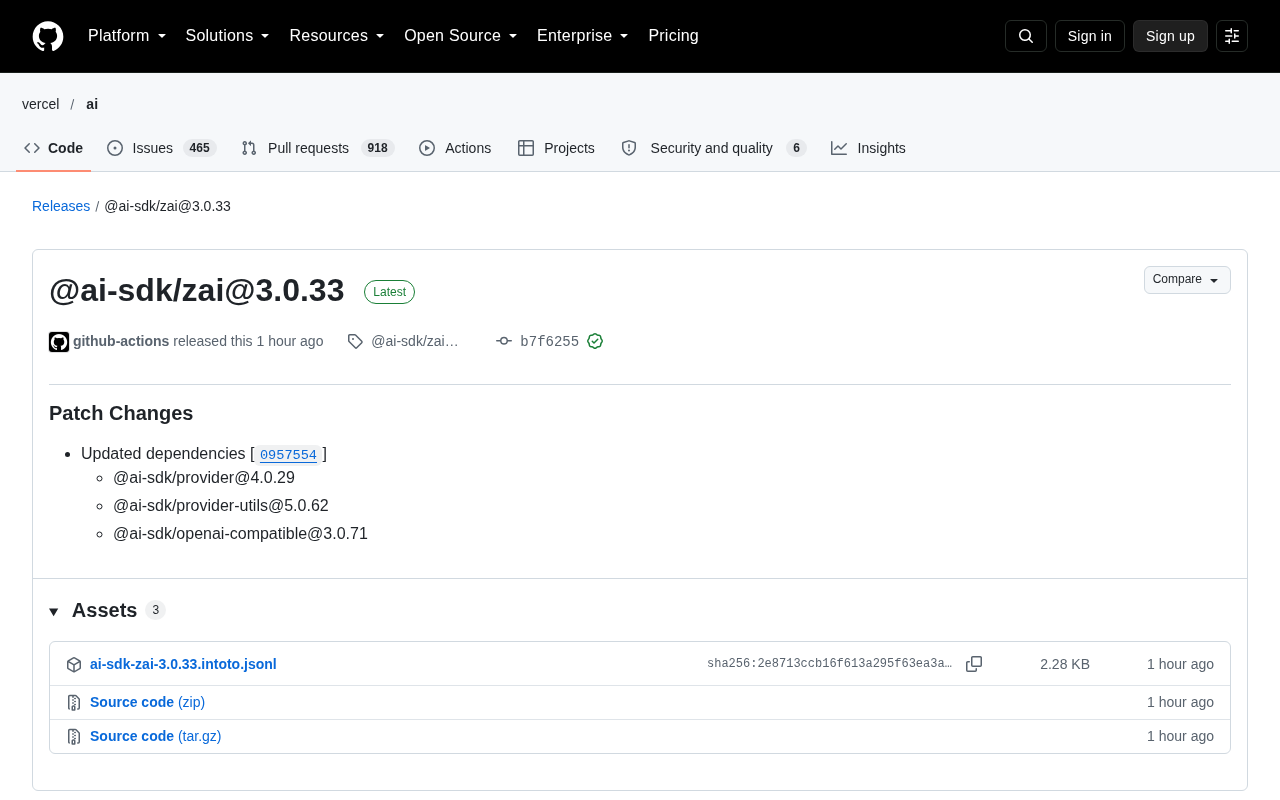 @ai-sdk/zai 3.0.33 版本发布:依赖补丁更新解析