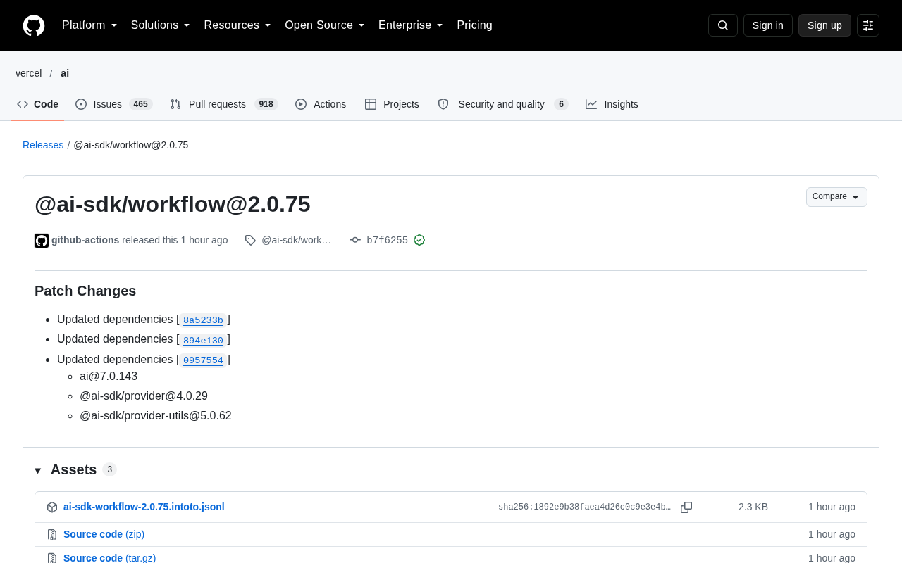 @ai-sdk/workflow 2.0.75 发布:AI SDK 工作流补丁更新