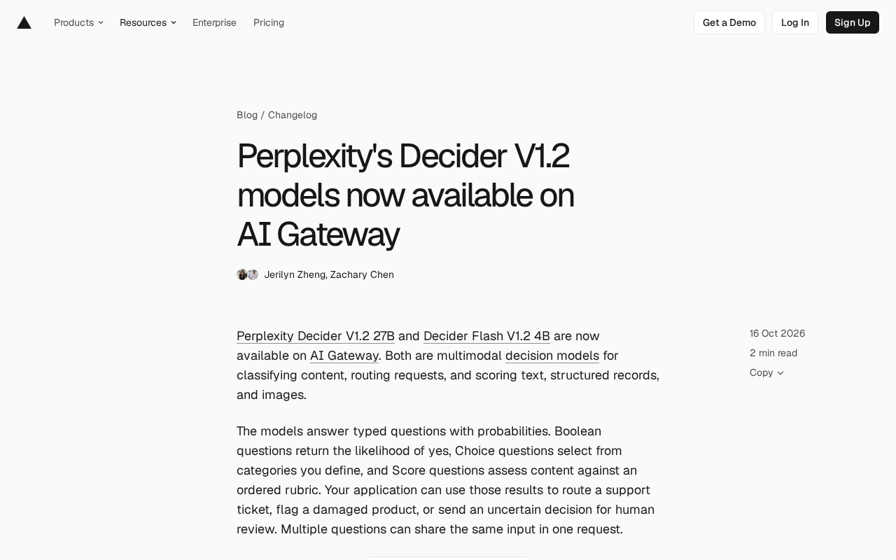 Perplexity Decider V1.2 Decision Models Launch on AI Gateway