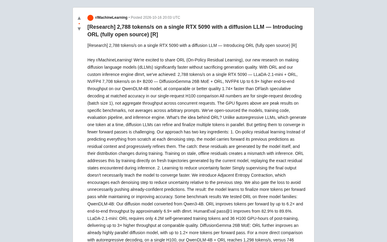 Single RTX 5090 Hits 2788 tokens/s: Diffusion LLM Acceleration Framework ORL Fully Open-Sourced