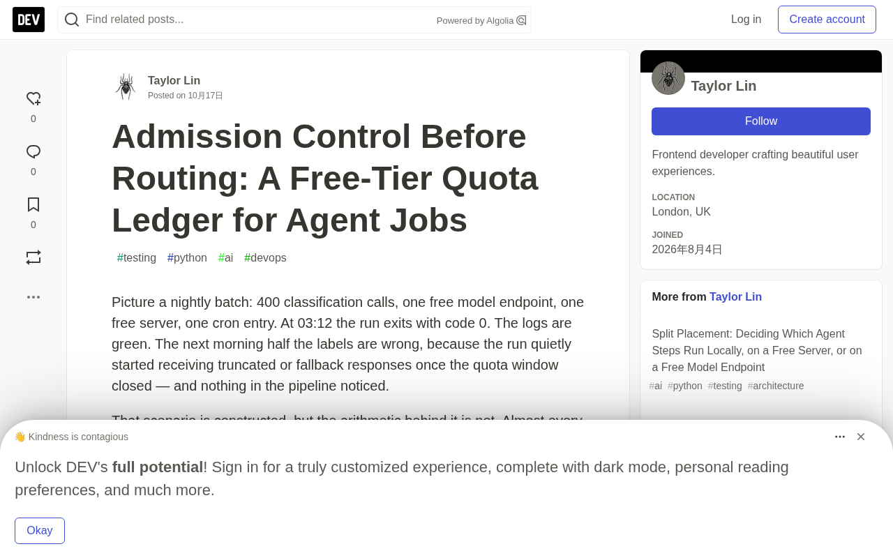 Agent Job Quota Admission Control: Free-Tier Quota Ledger in Practice