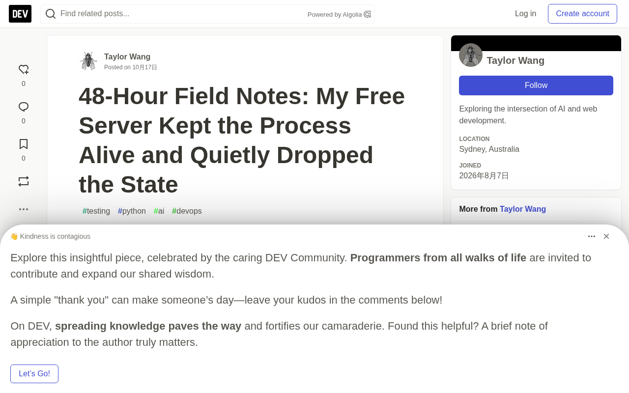 48-Hour Test on a Free Server: The Process Stays Alive, But State Quietly Disappears