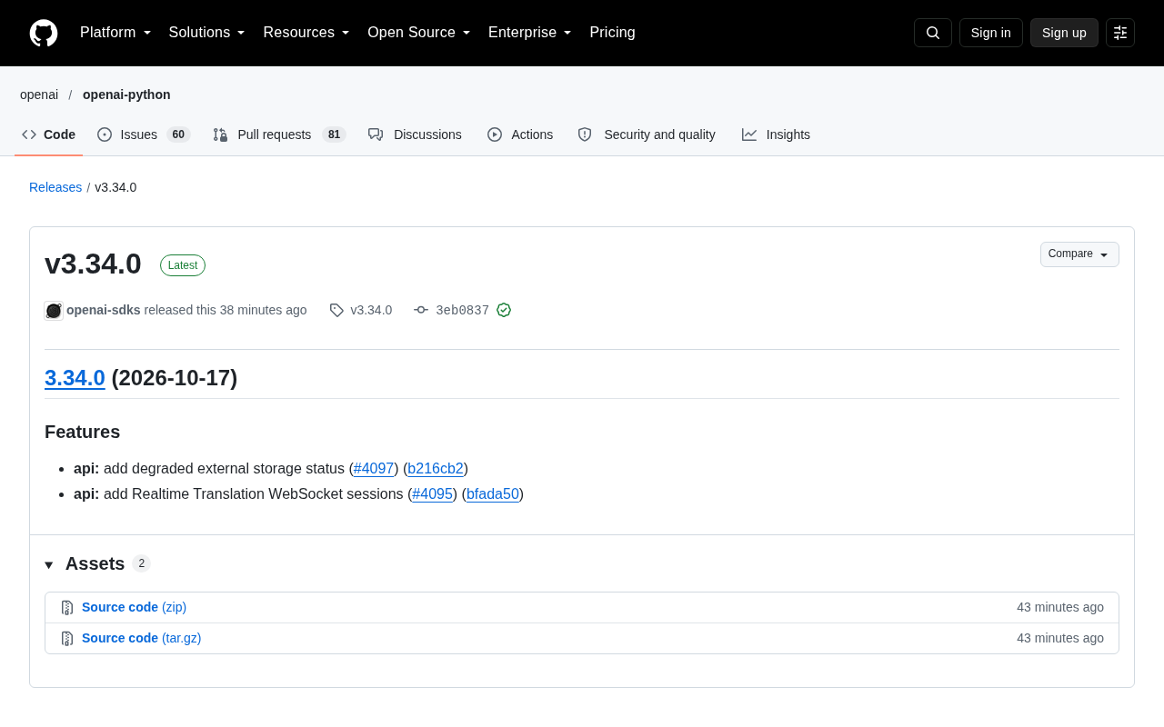 OpenAI SDK v3.34.0 Released: Real-Time Translation and Degraded Storage Status