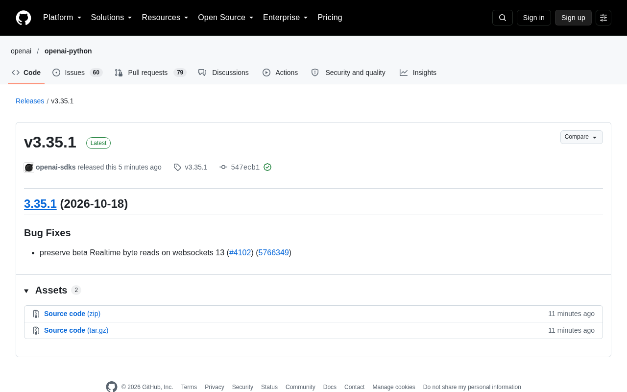 OpenAI SDK v3.35.1 发布:修复 WebSocket 字节读取问题