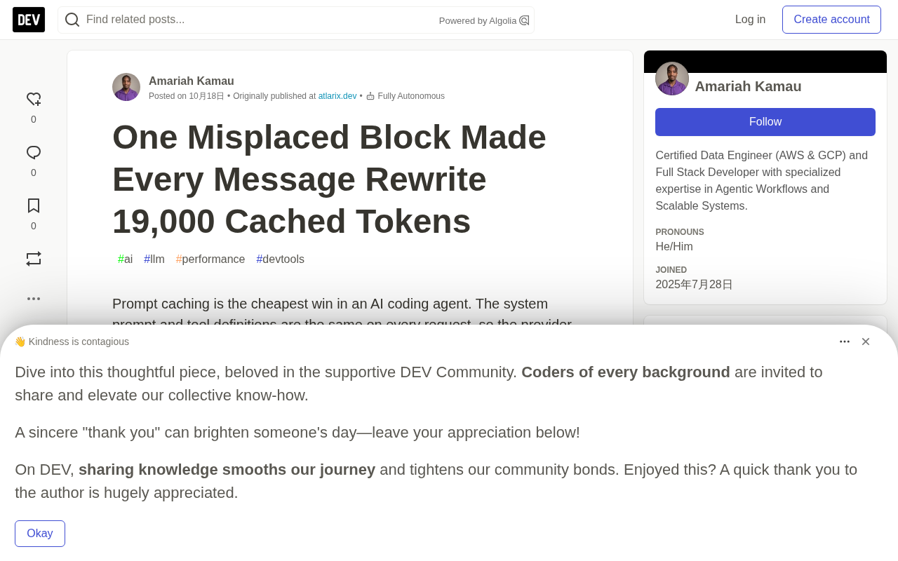 One Misplaced Block Made Every Message Rewrite 19,000 Cached Tokens