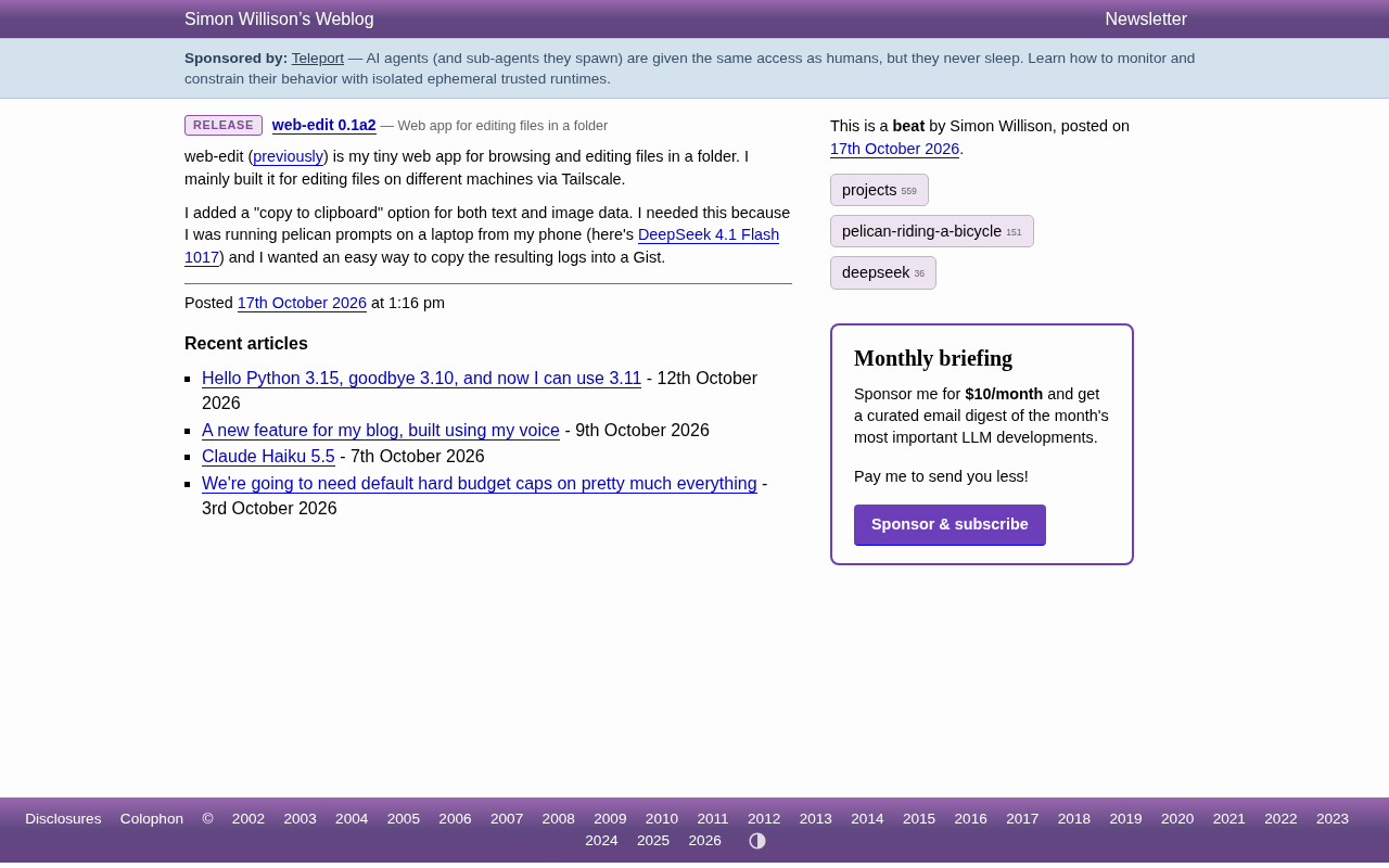 Simon Willison Releases web-edit 0.1a2: Adds Clipboard Copy Feature