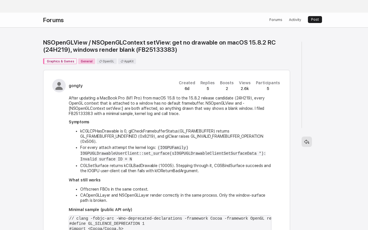 macOS 15.8.2更新导致OpenGL崩溃,开发者社区紧急排查