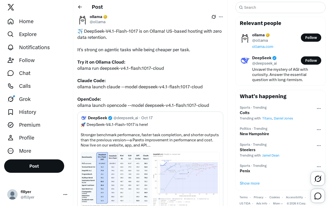 DeepSeek-V4.1-Flash登陆Ollama:Agentic任务更强且更省钱