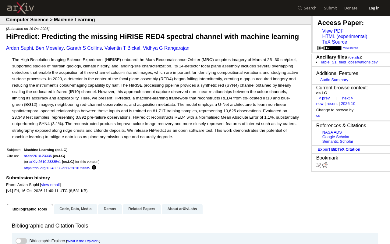 Machine Learning Restores Missing Band on Mars Orbiter: HiPredict Reconstructs HiRISE Color Imagery
