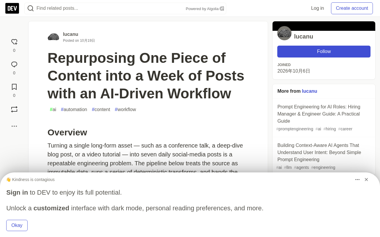 Turning One Piece of Content into a Week of Posts with an AI Workflow: A Localized Pipeline in Practice