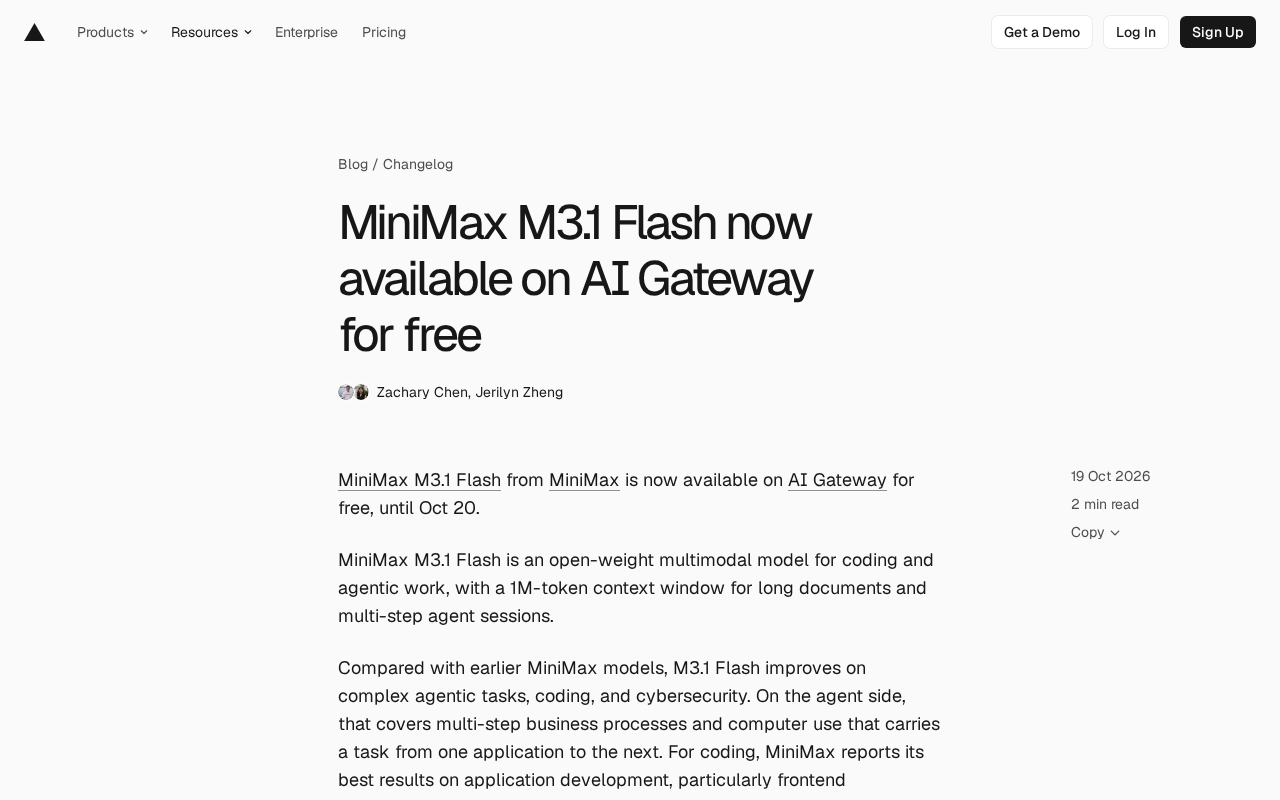 MiniMax M3.1 Flash Launches Free on AI Gateway: A Multimodal Model with 1M Context