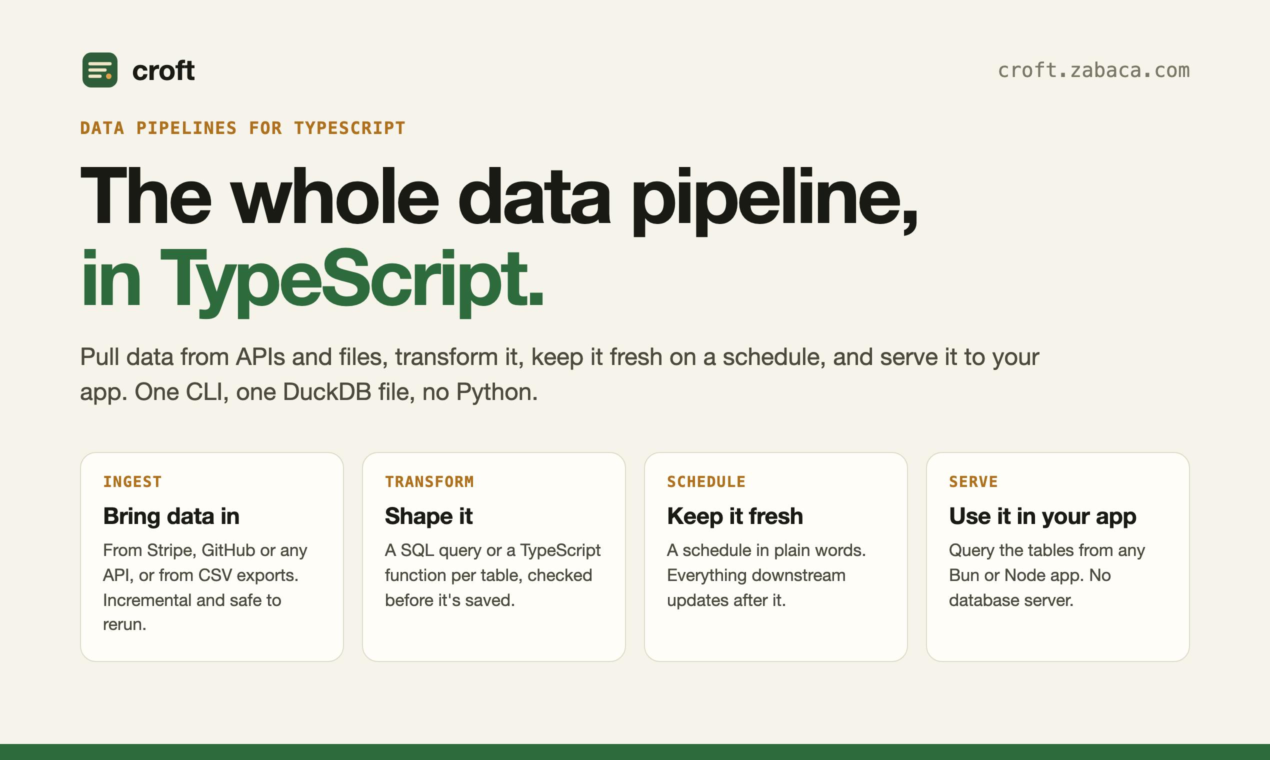 croft: Build Data Pipelines in TypeScript, All in a Single DuckDB File