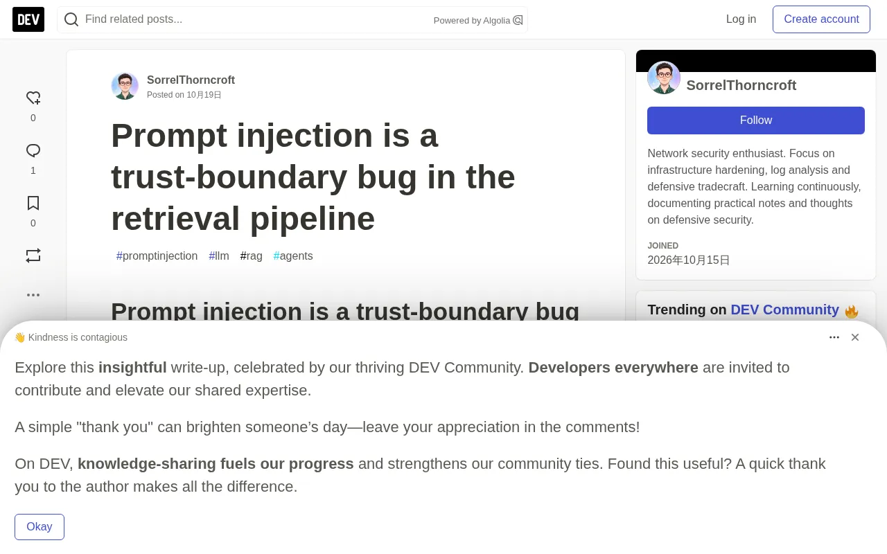 rss source: Prompt injection is a trust-boundary bug in the retrieval pipeline