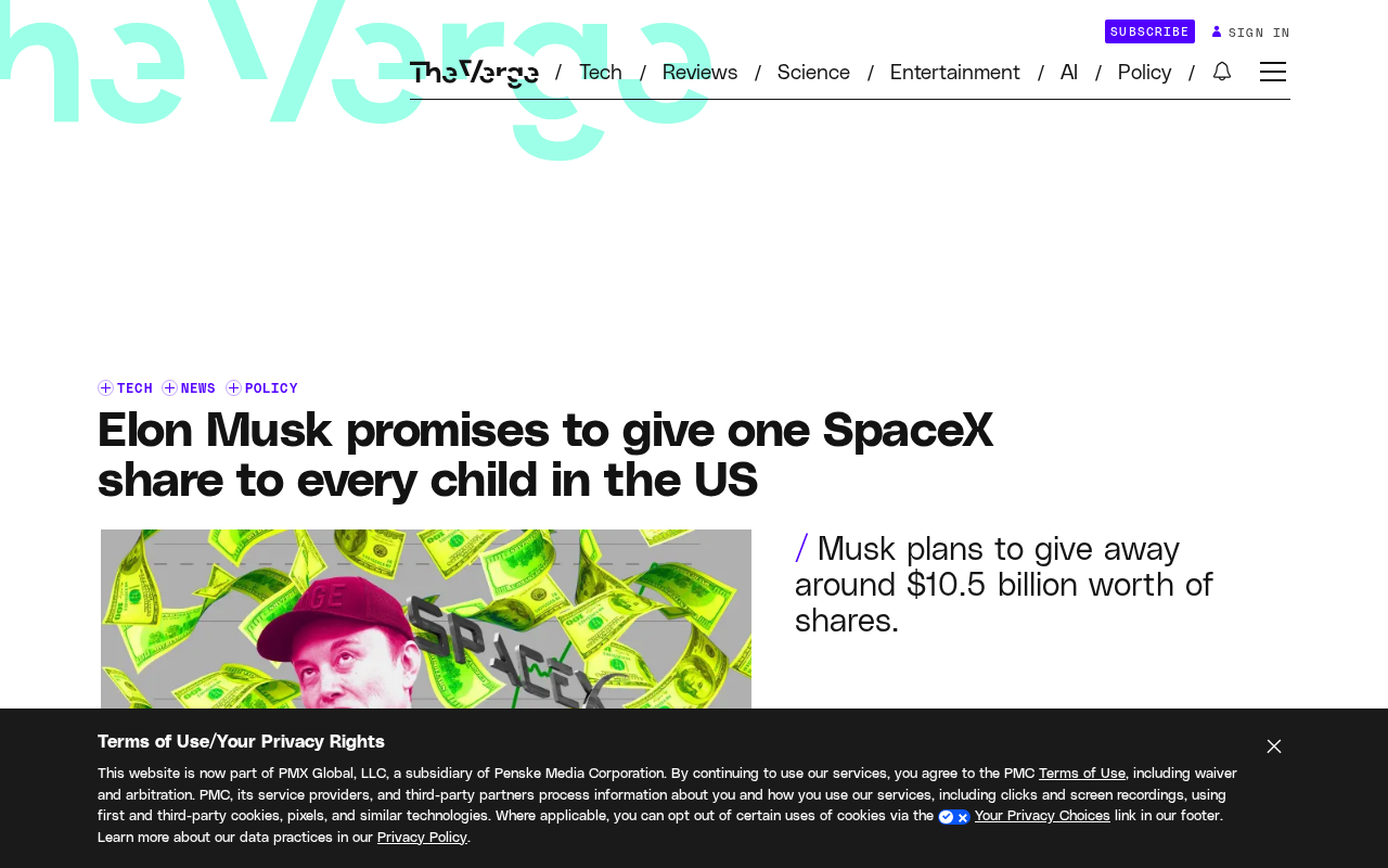 Musk Promises to Give SpaceX Shares to Every Child in the U.S.