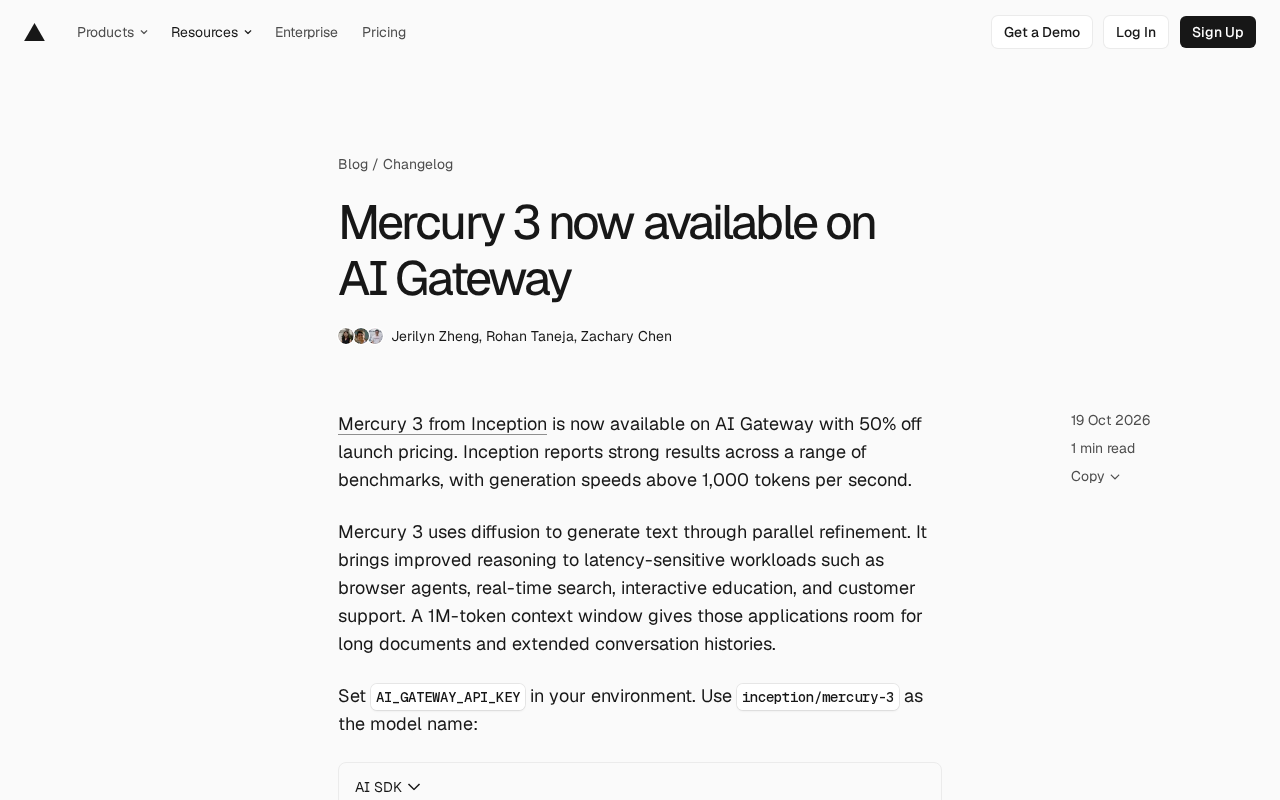 Mercury 3 上线 AI Gateway:扩散模型文本生成速度破千 token/s