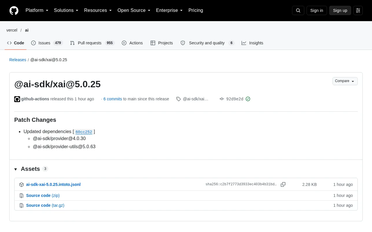 AI SDK xAI 5.0.25 补丁发布:依赖更新释放什么信号