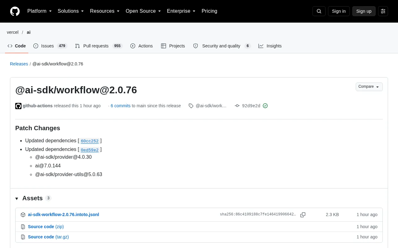 @ai-sdk/workflow 2.0.76 Patch Update: AI SDK Dependency Chain Upgraded in Sync
