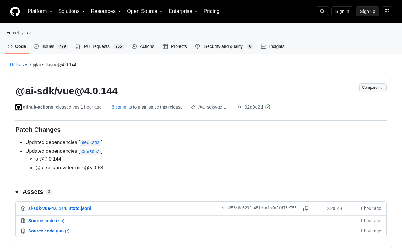 AI SDK Vue 4.0.144 版本更新:依赖升级与生态联动